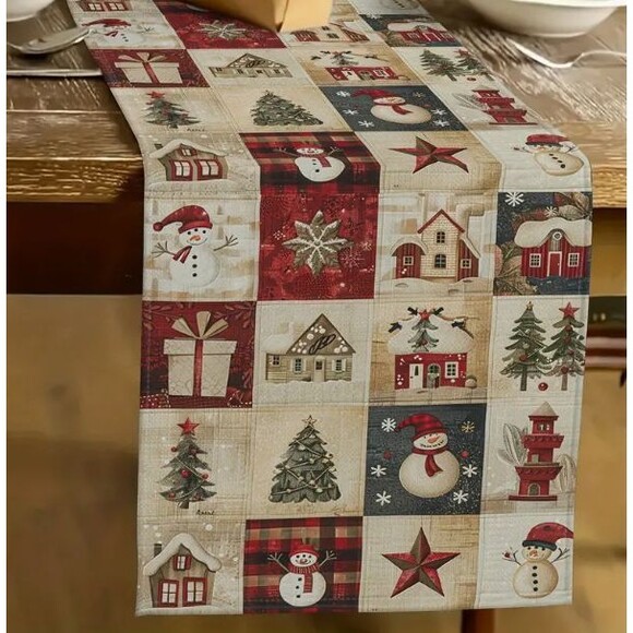 Country Christmas Table Runner 13x72in Linen Snowman Christmas trees - Picture 1 of 3